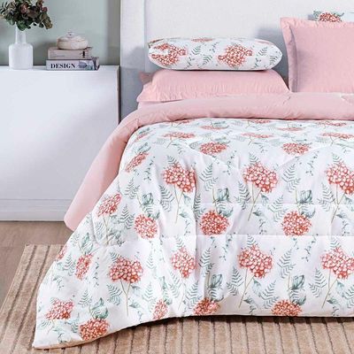 Edredom Cobertor Casa Scarpa Maris King Percalle 200 Fios Estampado Floral Hortênsia Salmão