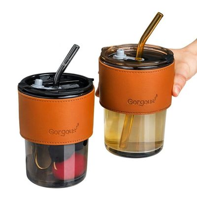 Copo De Vidro Com Canudo Tampa E Vedação 450ml Preto Fume