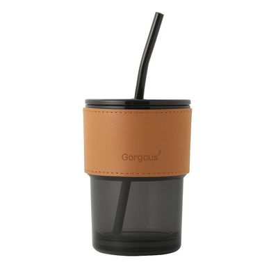 Copo De Vidro Com Canudo Tampa E Vedação 450ml Preto Fume