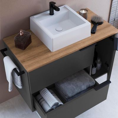 Conjunto Gabinete Com Cuba E Espelheira 80cm Mel Grafite Proddy Mel