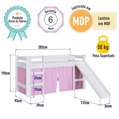 Cama Infantil Elevada Menino Menina Solteiro 202cm Com Degrau E Escorregador Branca Com Cortina Rosa
