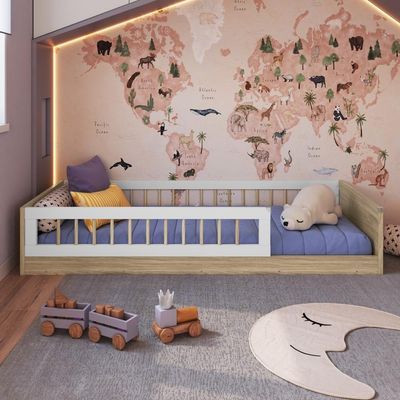Cama Infantil De Chão Montessoriana Para Menino E Menina Com Grade De Proteção Lateral Aveiro Oak