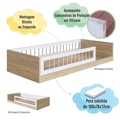 Cama Infantil De Chão Montessoriana Para Menino E Menina Com Grade De Proteção Lateral Aveiro Oak