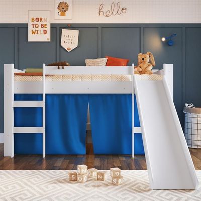 Cama Infantil Elevada Menino Menina Solteiro 202cm Com Degrau E Escorregador Branca Com Cortina Azul