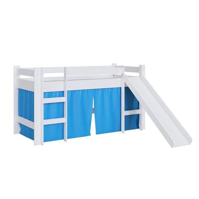 Cama Infantil Elevada Menino Menina Solteiro 202cm Com Degrau E Escorregador Branca Com Cortina Azul