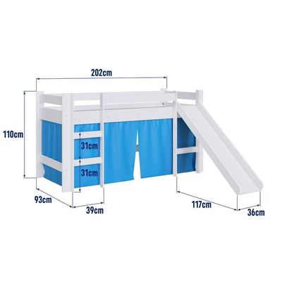Cama Infantil Elevada Menino Menina Solteiro 202cm Com Degrau E Escorregador Branca Com Cortina Azul