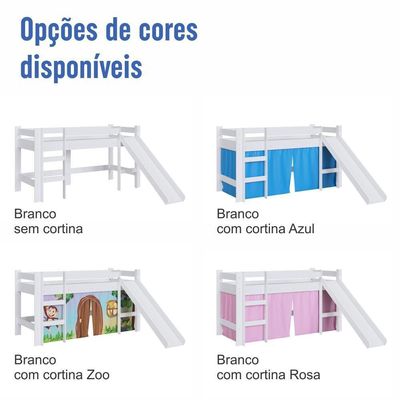 Cama Infantil Elevada Menino Menina Solteiro 202cm Com Degrau E Escorregador Branca Com Cortina Azul