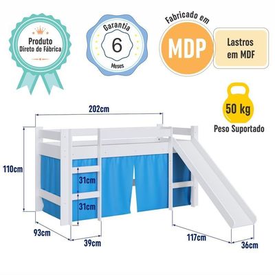 Cama Infantil Elevada Menino Menina Solteiro 202cm Com Degrau E Escorregador Branca Com Cortina Azul