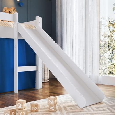 Cama Infantil Elevada Menino Menina Solteiro 202cm Com Degrau E Escorregador Branca Com Cortina Azul