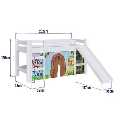 Cama Infantil Elevada Casinha Menino Menina Solteiro 202cm Com Escada E Escorregador Branco Com Zoo