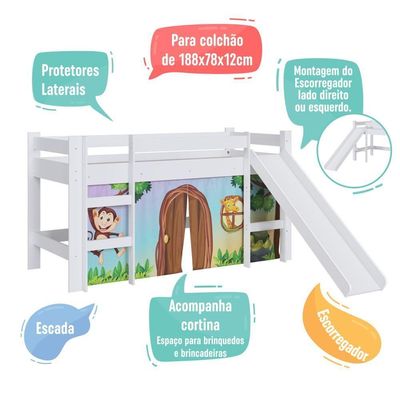 Cama Infantil Elevada Casinha Menino Menina Solteiro 202cm Com Escada E Escorregador Branco Com Zoo