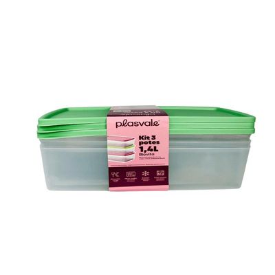 Kit 3 Potes Herméticos Retangulares 1,4l Plasvale Rosa