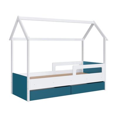 Cama Infantil Montessoriana Casinha Solteiro Gavetas com Roda Branco com Azul
