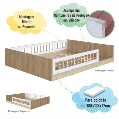 Cama Casal Infantil de Chão Montessoriana Proteção Lateral Aveiro Oak