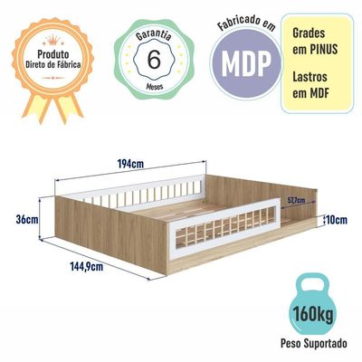 Cama Casal Infantil de Chão Montessoriana Proteção Lateral Aveiro Oak