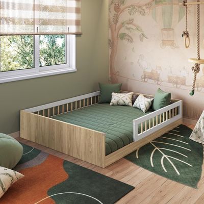 Cama Casal Infantil de Chão Montessoriana Proteção Lateral Aveiro Oak