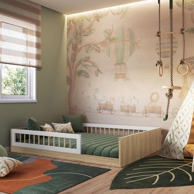 Cama Casal Infantil de Chão Montessoriana Proteção Lateral Aveiro Oak