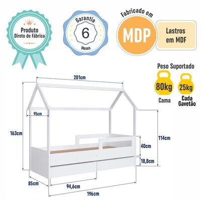 Cama Infantil Montessoriana Casinha Solteiro Gavetas com Roda Branca