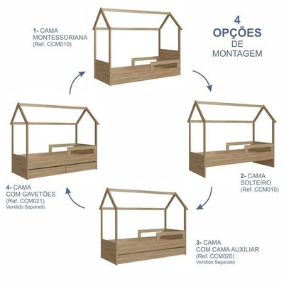 Cama Infantil Montessoriana Casinha Solteiro Gavetas com Roda Aveiro Oak