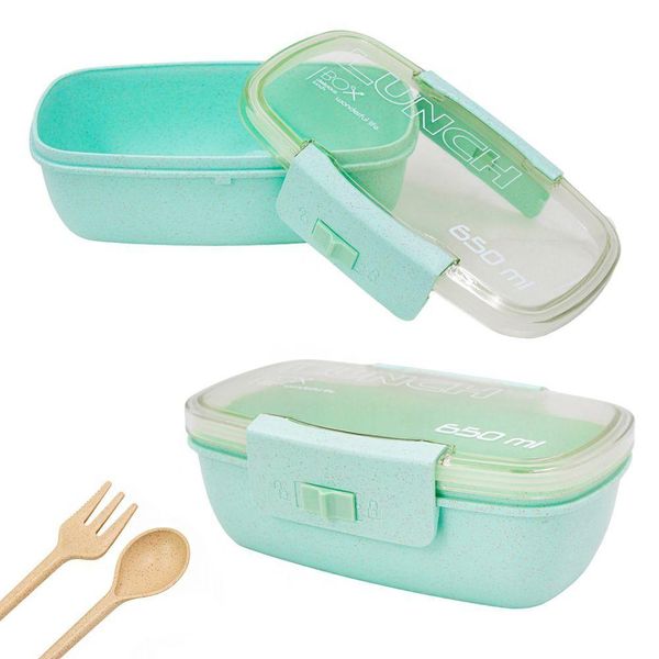Marmita Pote 650ml Com Tampa Garfo Colher Freezer Micro-ondas Fit Verde
