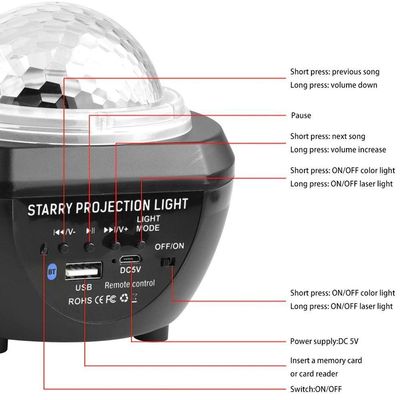Luminaria Pojeção De Estrelas Universo Caixa De Som Bluetooth Preto