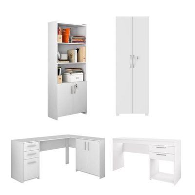 Conjunto Para Escritório 2 Mesas 2 Armários Altos Branco