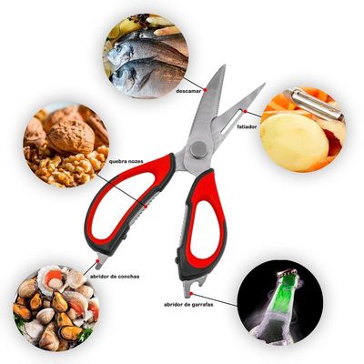 Tesoura Culinaria P- Casa Cozinha Corta Desossa Limpa Peixe Carne Frango 6 Em 1 Vermelho