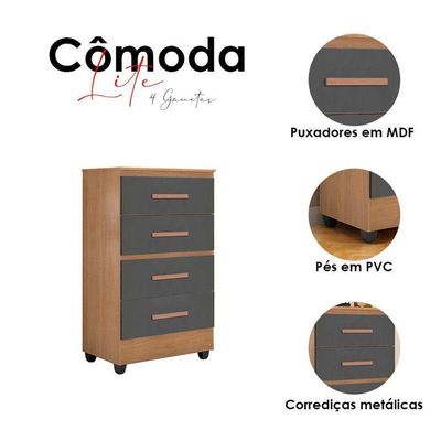 Cômoda Lite 4 Gavetas Nature Cinza – Móveis Leão
