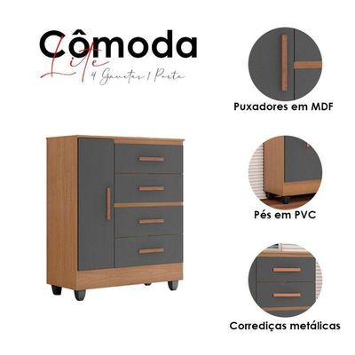 Cômoda Lite 4 Gavetas 01 Porta Nature Cinza – Móveis Leão