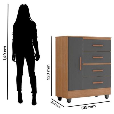 Cômoda Lite 4 Gavetas 01 Porta Nature Cinza – Móveis Leão