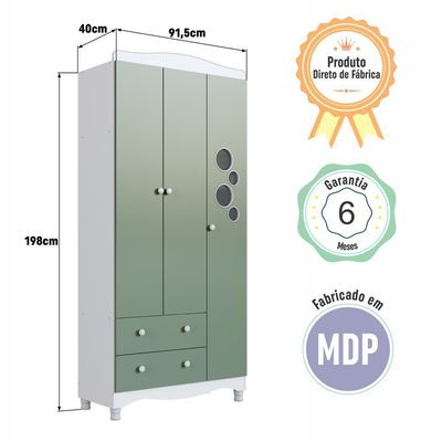 Guarda-roupa Infantil 3 Portas 2 Gavetas Nichos Cabideiro Branco com Verde