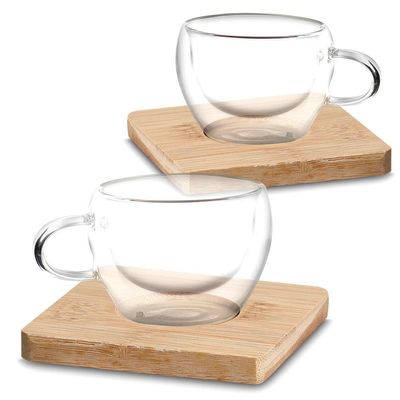 Conjunto Clássico 2 Xícaras De Café Com Base De Bambu