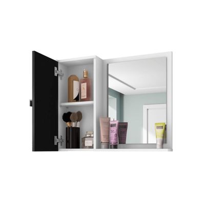 Espelheira Gênova Para Banheiro Com Porta E 6 Nichos E Prateleira Branco-nero