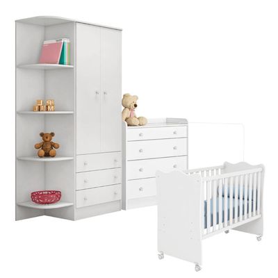 Conjunto Infantil Doce Sonho Berço Rodízios Cômoda Guarda-roupa Branco