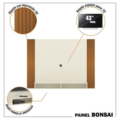 Painel Tv 43 Polegadas Suspenso Com Nichos Bonsai - Off White E Ripado Off White E Ripado