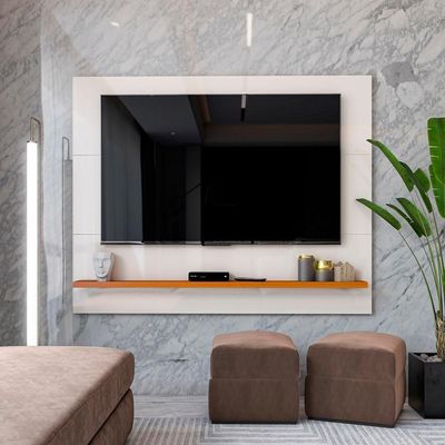 Painel Ripado Tv 50 Polegadas Com Prateleira Monaco - Off White E Cedro