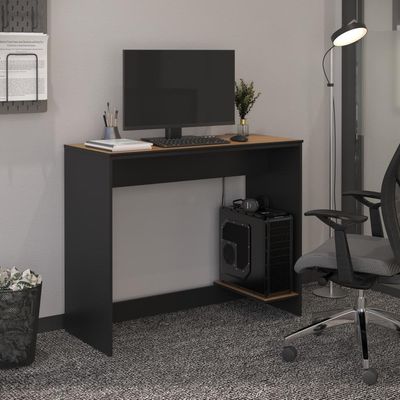 Mesa Para Escritório Com Passa Fios E Tampo Usinado Tech - Preto E Cedro
