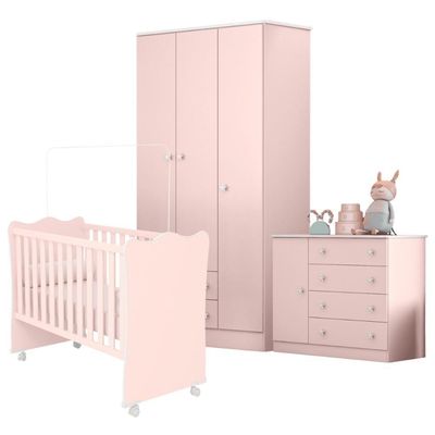 Conjunto Infantil Doce Sonho Rosa: Berço Doce Sonho + Kit Rodízios + Cômoda + Guarda-roupa