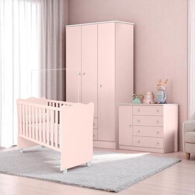 Conjunto Infantil Doce Sonho Rosa: Berço Doce Sonho + Kit Rodízios + Cômoda + Guarda-roupa
