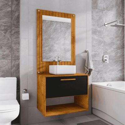 Conjunto Gabinete Com Espelheira Para Banheiro Zenit Naturalle Preto Fosco
