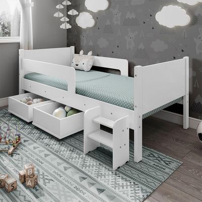 Cama Solteiro Com 2 Baus Organizador E Escada Luna Plus Branco Com Colchão
