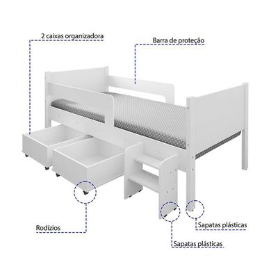 Cama Solteiro Com 2 Baus Organizador E Escada Luna Plus Branco Com Colchão