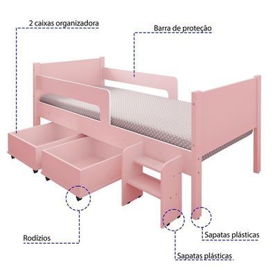 Cama Solteiro Com 2 Baus Organizador E Escada Luna Plus Rosa Com Colchão