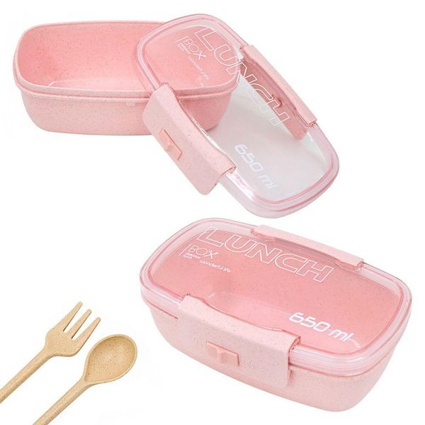 Marmita Pote 650ml Com Tampa Garfo Colher Freezer Micro-ondas Fit Rosa