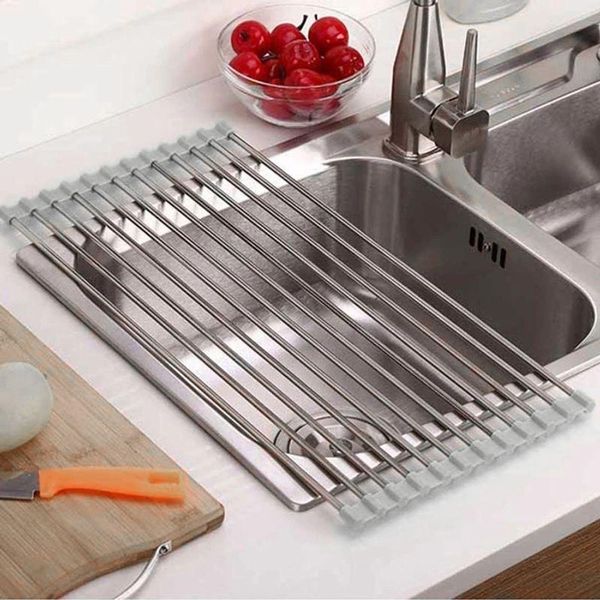 Escorredor De Pia Dobravel Portatil Aço Inox Tamanho 37x35 M