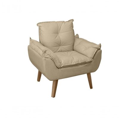 Poltrona/cadeira Decorativa E Puff Glamour Com Pés Quadrado Bege Linho