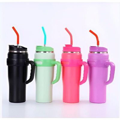 Copo Térmico Inox Com Alça Canudo Esmaltado Glitter Bege Com Amarelo