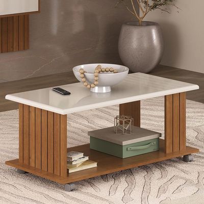 Mesa De Centro 100x50 Cm Com Rodizios Cinamomo Off White Arly