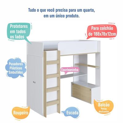 Cama Infantil Alta Multifuncional Office Solteiro Armário Escrivaninha Branca