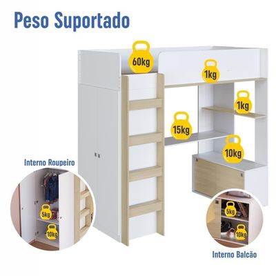 Cama Infantil Alta Multifuncional Office Solteiro Armário Escrivaninha Branca